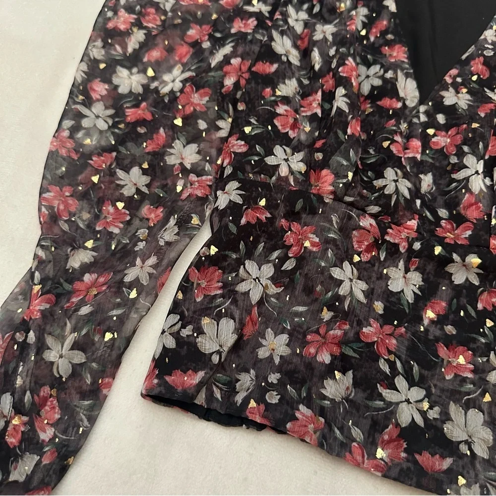 Astr Beverly Fuchsia Gold Floral Sheer Blouse XS 51552
